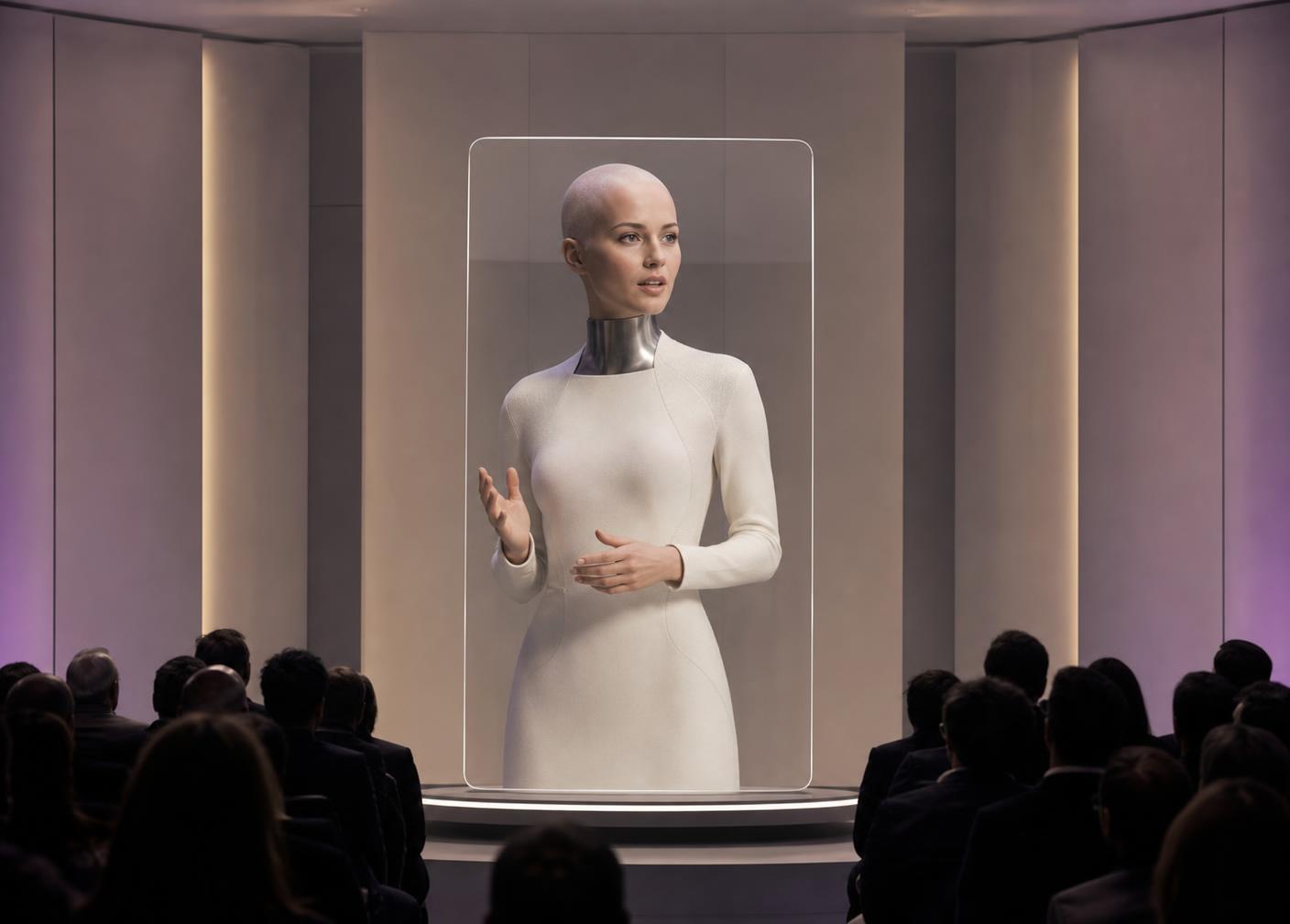 Alys presenting on a stage in front of a seated audience