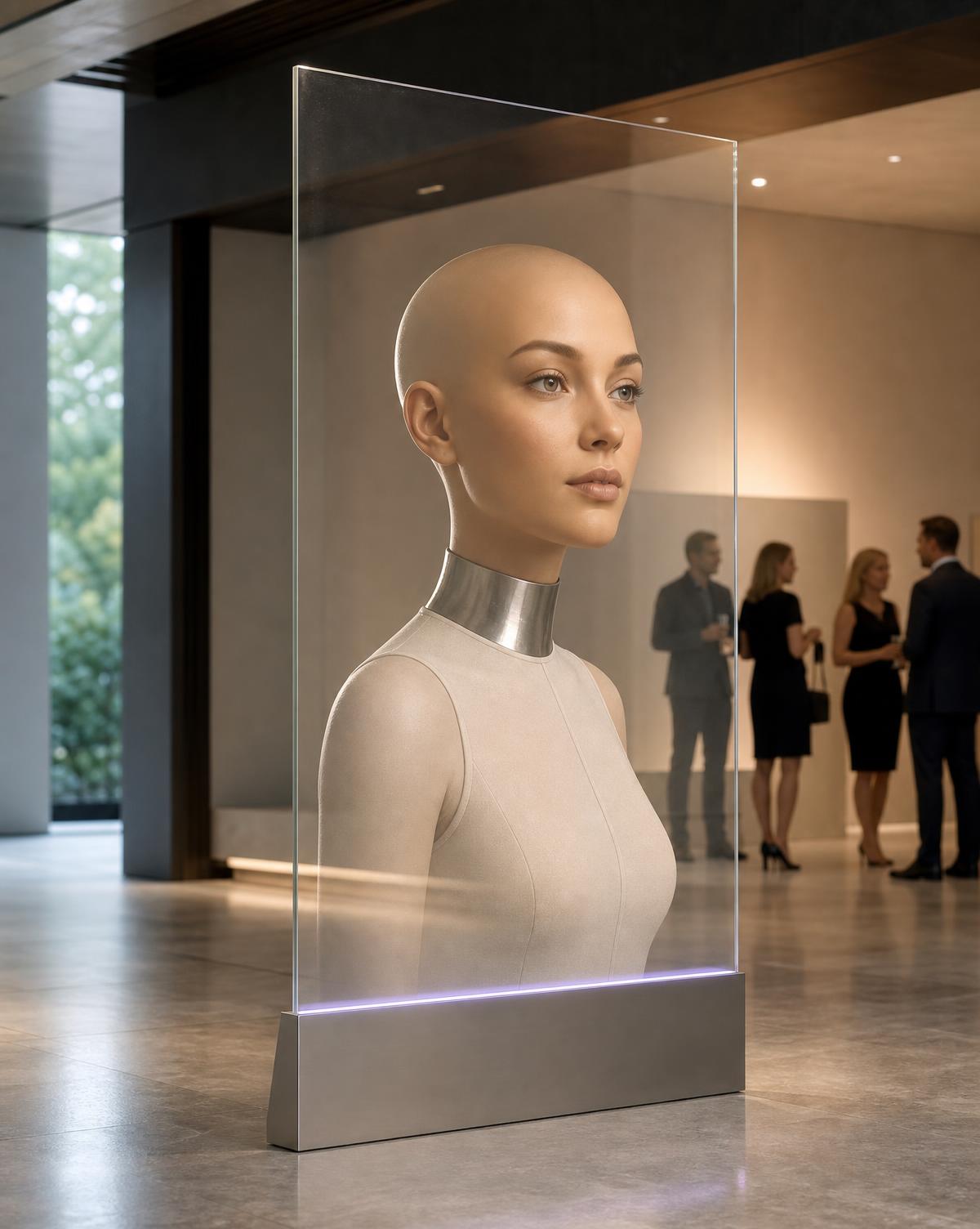 Alys inside a transparent upright glass display in a minimal gallery space