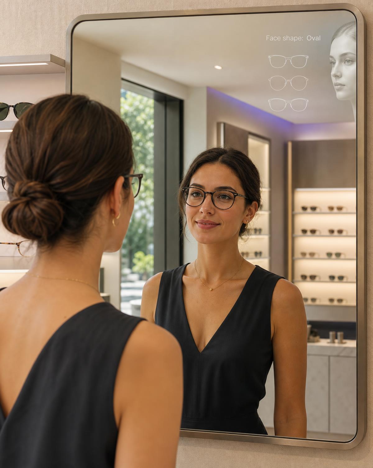 A customer trying eyewear in front of an intelligent mirror where Alys offers quiet guidance