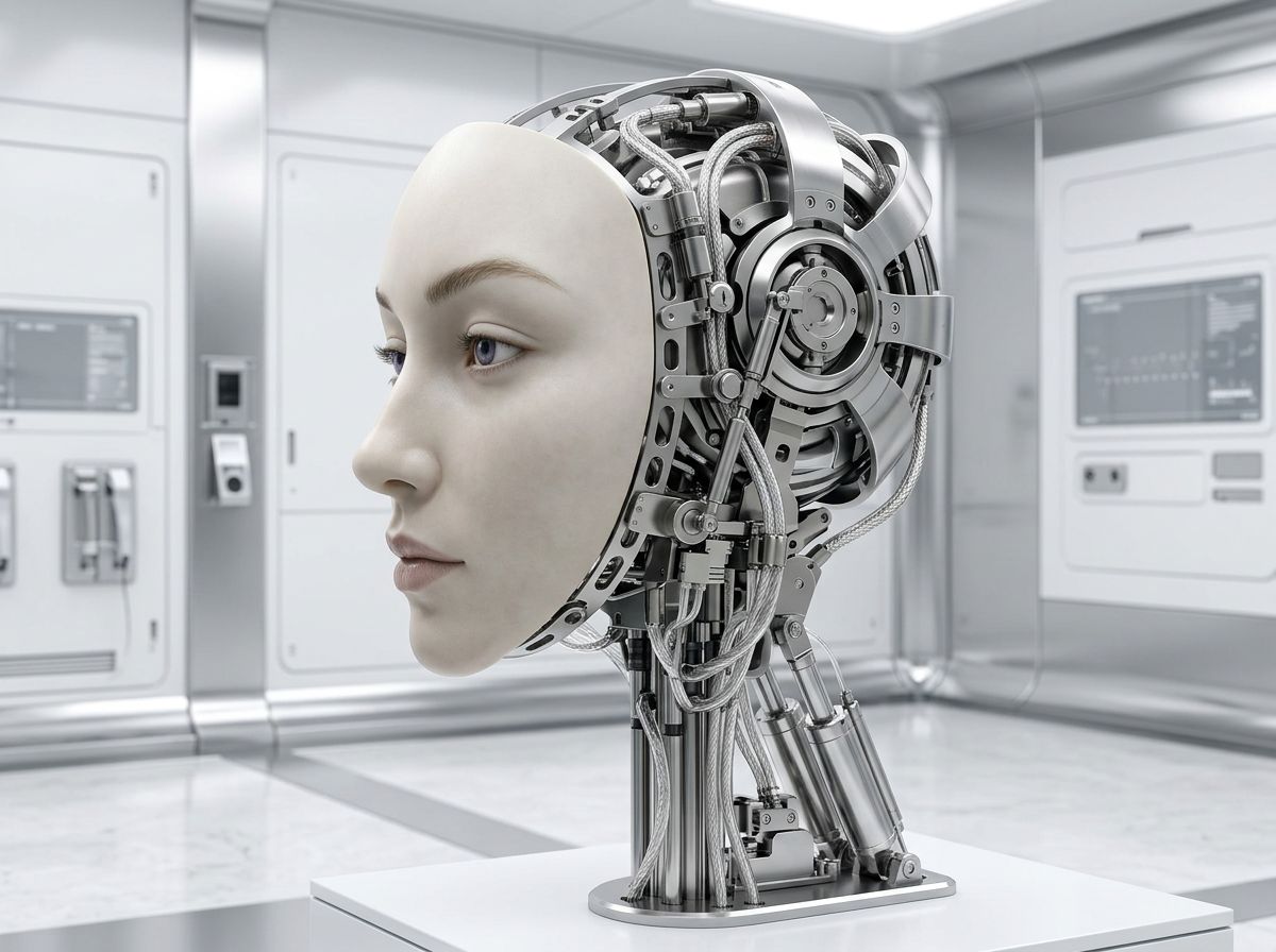 Alys robotic character with a floating sculptural face
